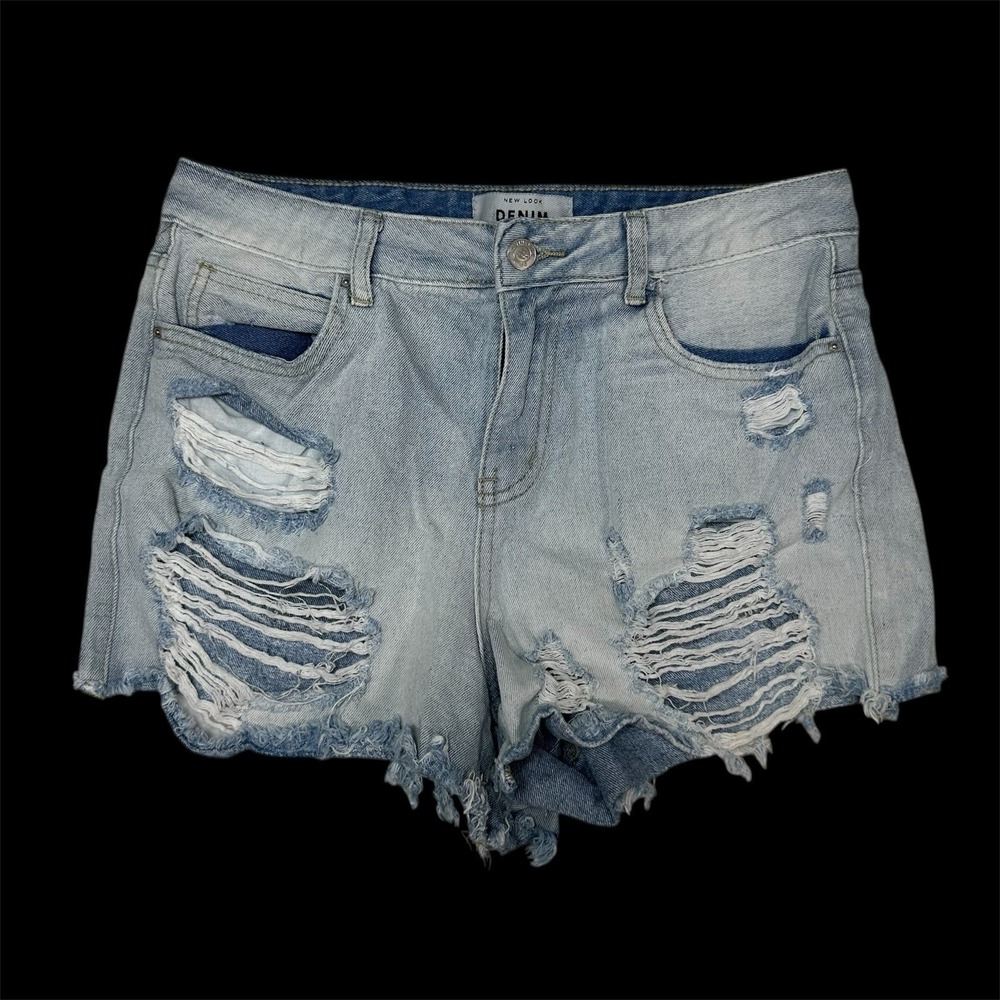 New Look Denim Shorts Womens 8 Blue Distressed Frayed‎ Jean Y2K Grunge Cutoff